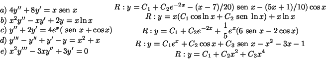 \begin{displaymath}\begin{aligned}
a)\;&4y''+8y'=x{\text {\ sen }}x\\
b)\;&x^2y...
... {\ sen }}x-x^2-3x-1\\
R:y=C_1+C_2x^2+C_3x^4\\
\end{gathered}\end{displaymath}
