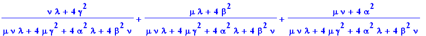 (nu*lambda+4*gamma^2)/(mu*nu*lambda+4*mu*gamma^2+4*alpha^2*lambda+4*beta^2*nu)+(mu*lambda+4*beta^2)/(mu*nu*lambda+4*mu*gamma^2+4*alpha^2*lambda+4*beta^2*nu)+(mu*nu+4*alpha^2)/(mu*nu*lambda+4*mu*gamma^2...