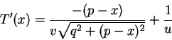 \begin{displaymath}T^\prime(x)=\frac{-(p-x)}{v\sqrt{q^2+(p-x)^2}}+\frac{1}{u}
\end{displaymath}