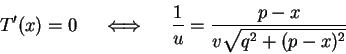 \begin{displaymath}T^\prime(x)=0\quad\iff\quad \frac{1}{u}=\frac{p-x}{v\sqrt{q^2+(p-x)^2}}
\end{displaymath}