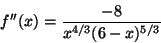 \begin{displaymath}f''(x)=\frac{-8}{x^{4/3}(6-x)^{5/3}}\end{displaymath}