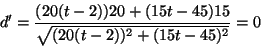 \begin{displaymath}d'=\frac{(20(t-2))20+(15t-45)15}{\sqrt{(20(t-2))^2+(15t-45)^2}}=0\end{displaymath}