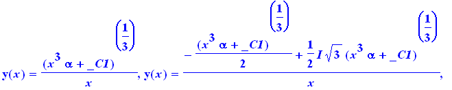 y(x) = (x^3*alpha+_C1)^(1/3)/x, y(x) = (-1/2*(x^3*alpha+_C1)^(1/3)+1/2*I*3^(1/2)*(x^3*alpha+_C1)^(1/3))/x, y(x) = (-1/2*(x^3*alpha+_C1)^(1/3)-1/2*I*3^(1/2)*(x^3*alpha+_C1)^(1/3))/x