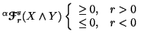 $ ^\alpha{\ensuremath{\boldsymbol{\mathscr{F}}}}^s_r(X\wedge Y)\left\{\begin{array}{ll}\geq 0, & r>0\\  \leq 0, & r<0\end{array}\right.$