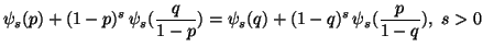$\displaystyle \psi_s(p)+(1-p)^s\,\psi_s({q\over1-p})=\psi_s(q)+(1-q)^s\,\psi_s({p\over 1-q}),\ s>0$