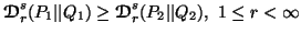 $\displaystyle {\ensuremath{\boldsymbol{\mathscr{D}}}}^s_r(P_1\vert\vert Q_1)\ge......nsuremath{\boldsymbol{\mathscr{D}}}}^s_r(P_2\vert\vert Q_2),\ 1\leq r <\infty$